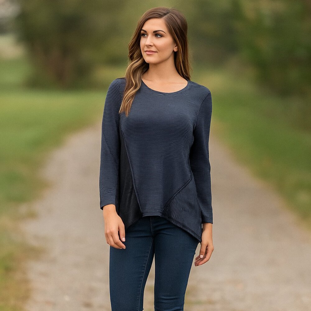 Habitat Patchwork Blue Asymmetric Hem Round Neck Tunic Boho Long Sleeve Women XS